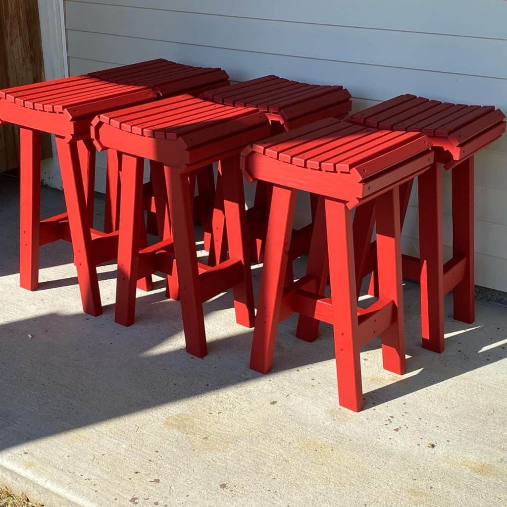 six red barstools outdoor deck furniture